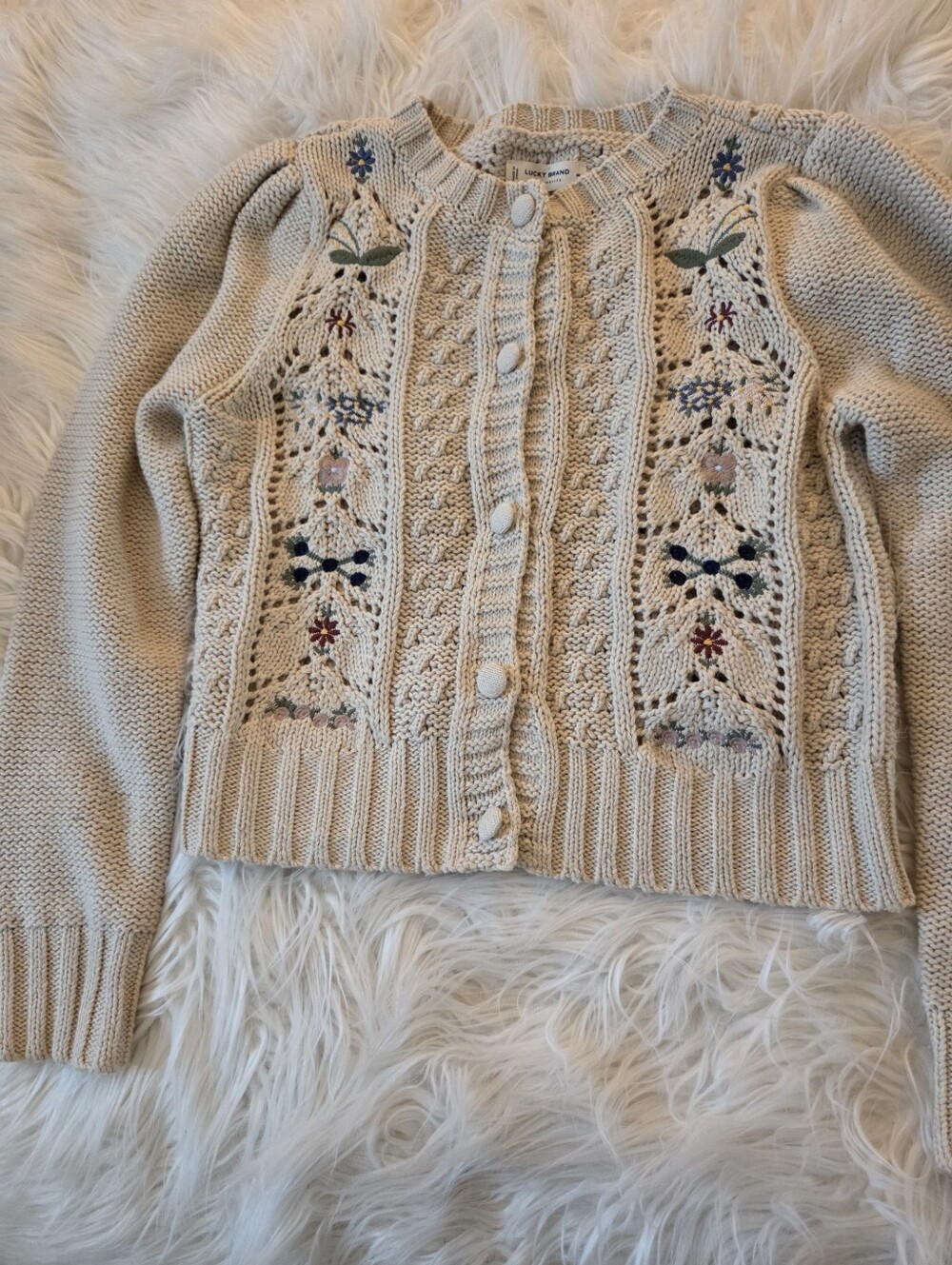Lucky Brand Puff Sleeve Cardigan With Floral Embroidery